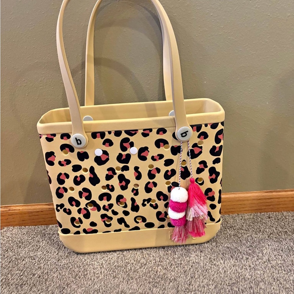 BOGG BAG Leopard Print Tote with Pink Tassels